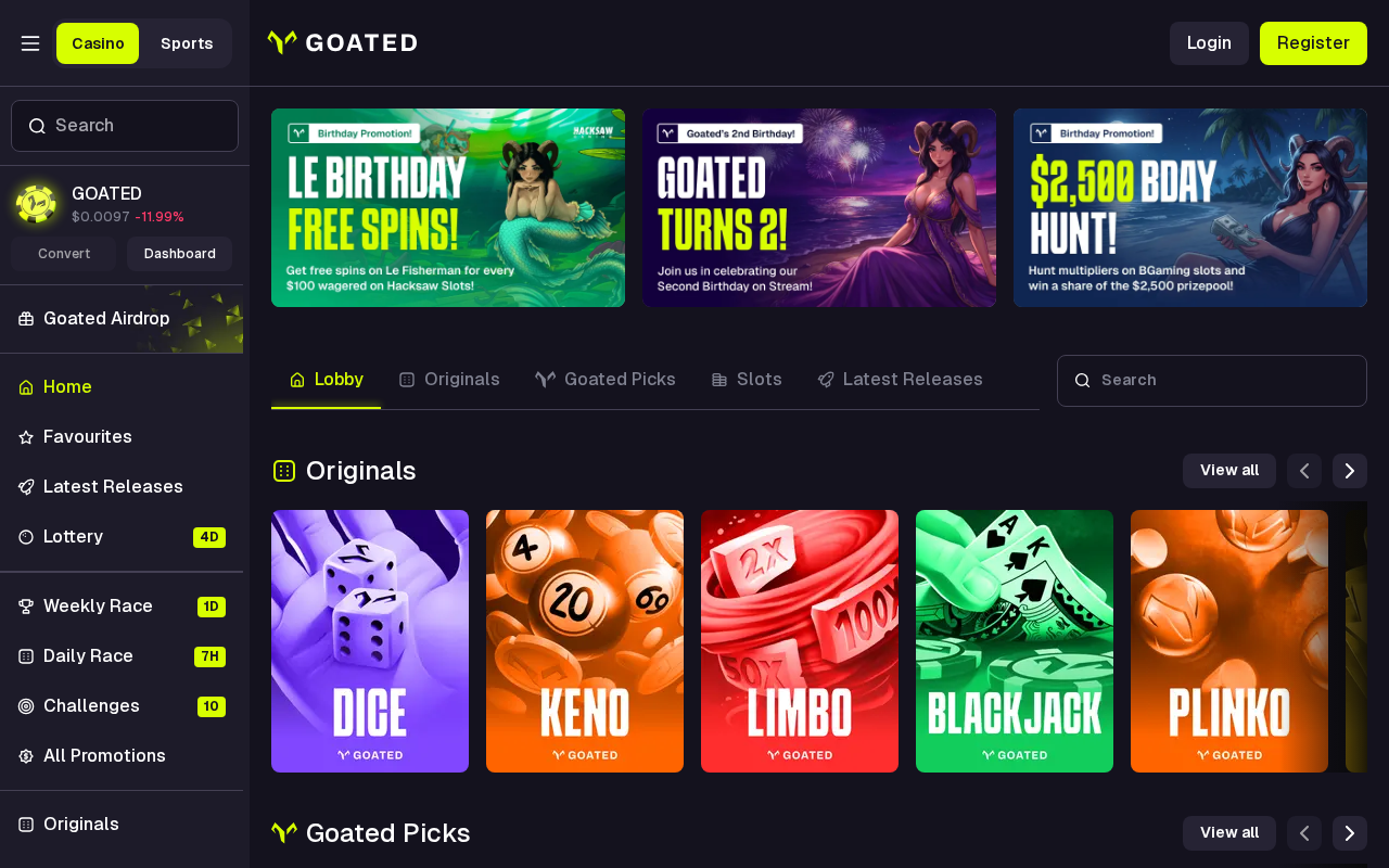 GOATED homepage screenshot
