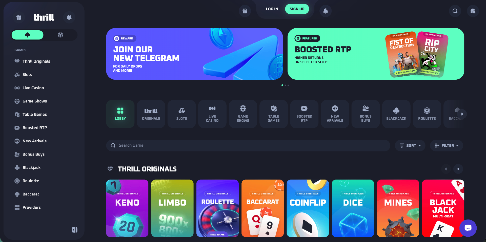 Thrill homepage screenshot