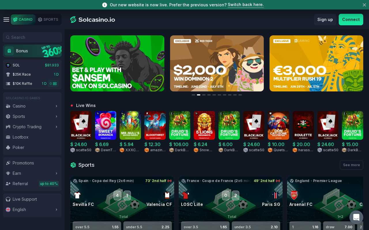 Solcasino homepage screenshot