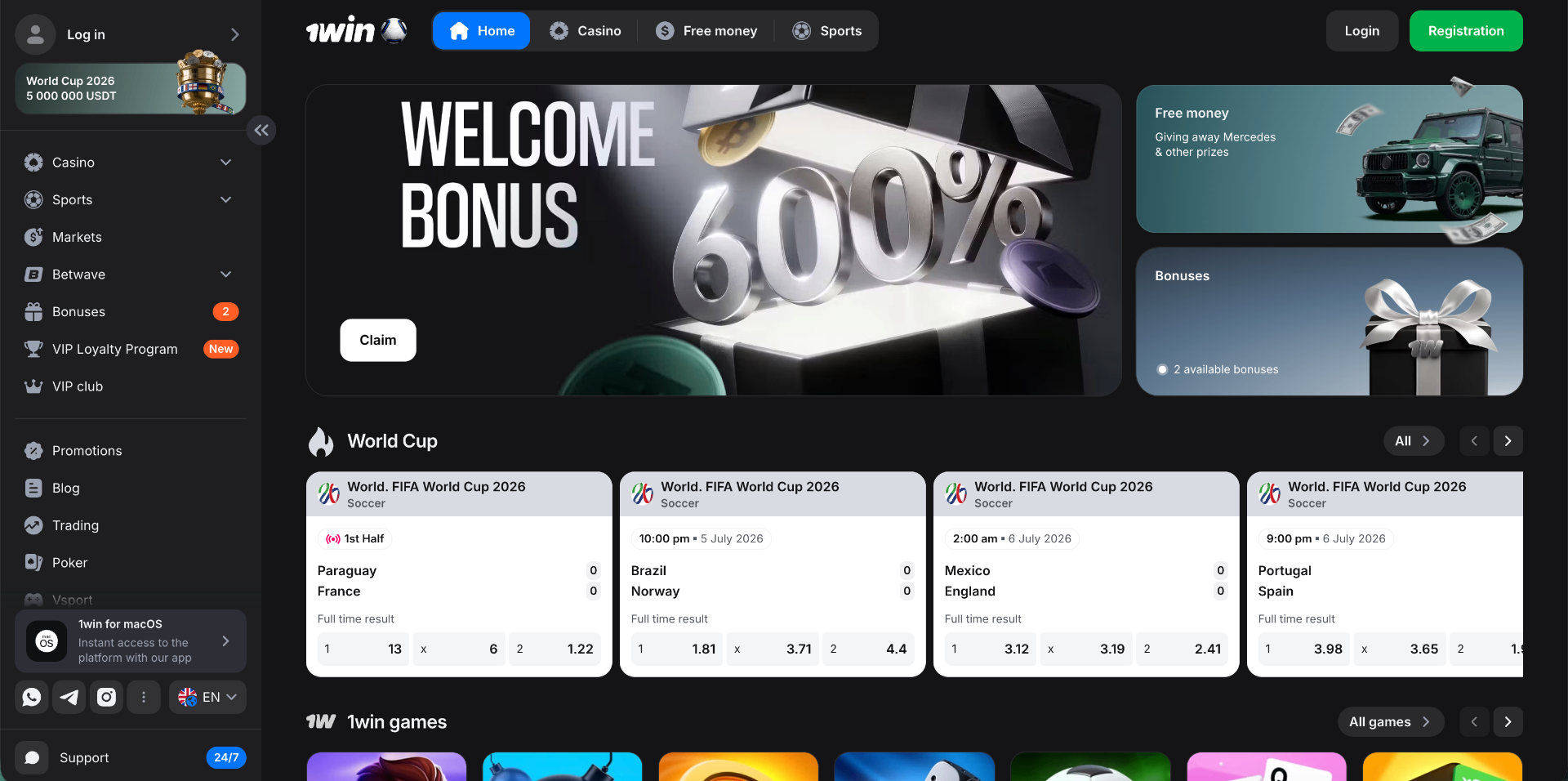 1win homepage screenshot