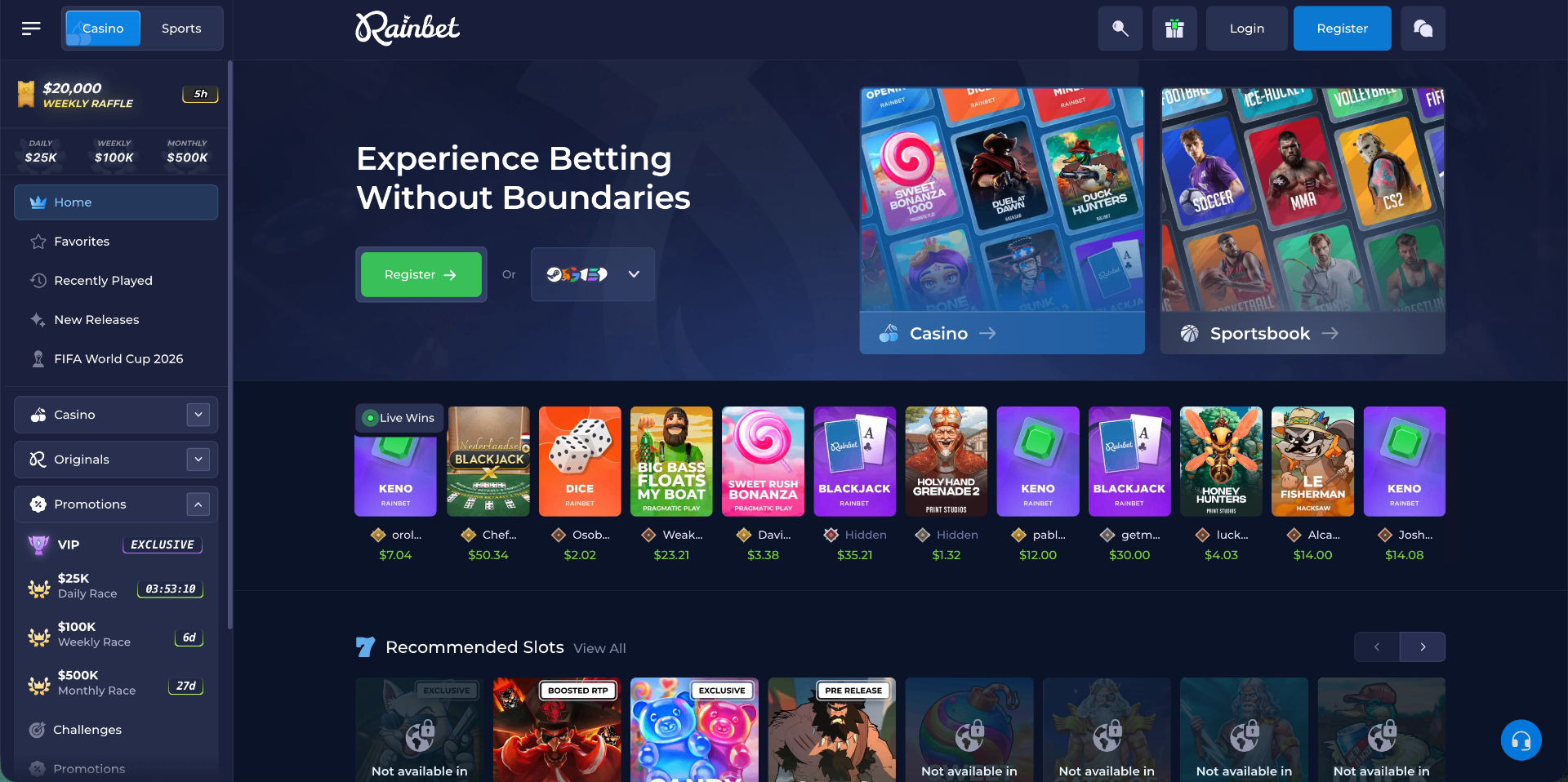 Rainbet homepage screenshot
