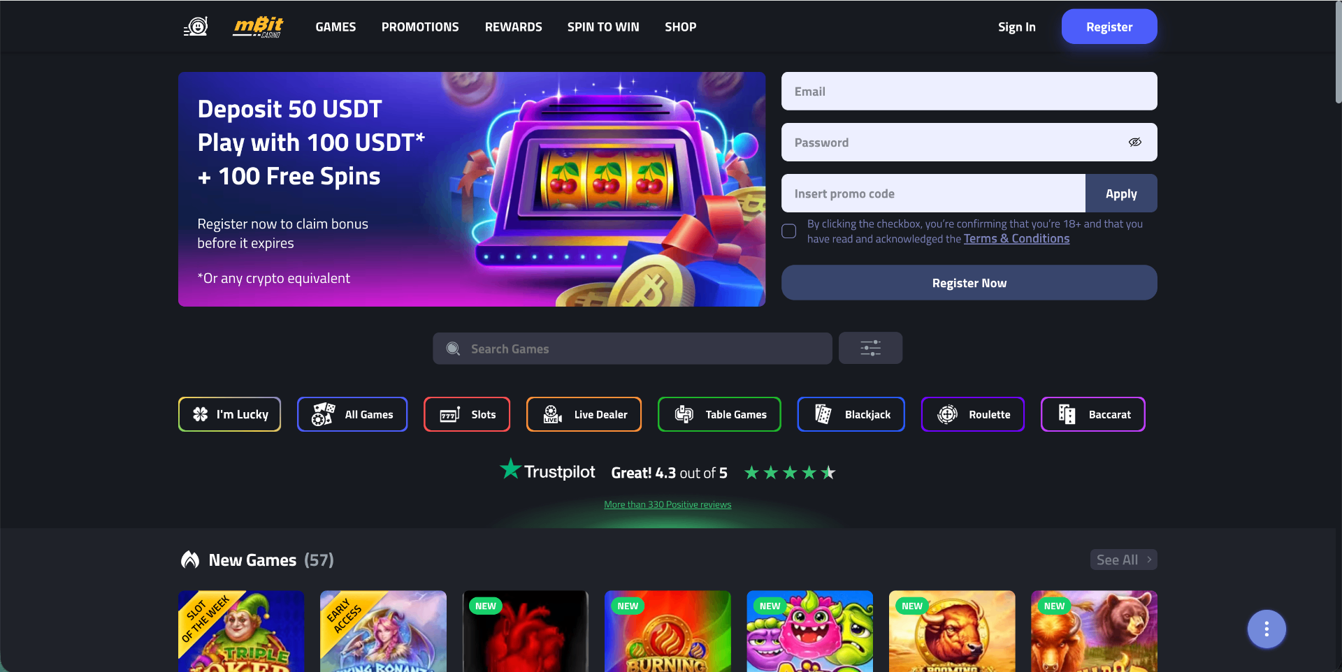 mBit Casino homepage screenshot