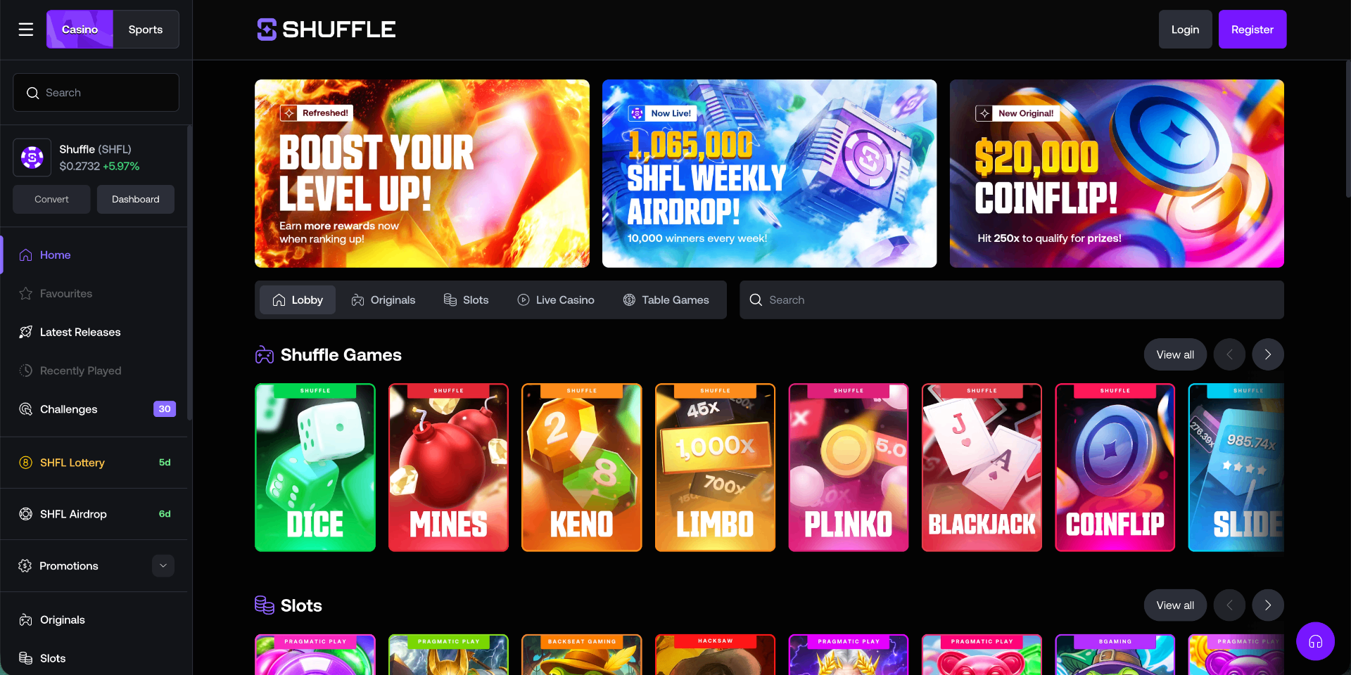Shuffle homepage screenshot