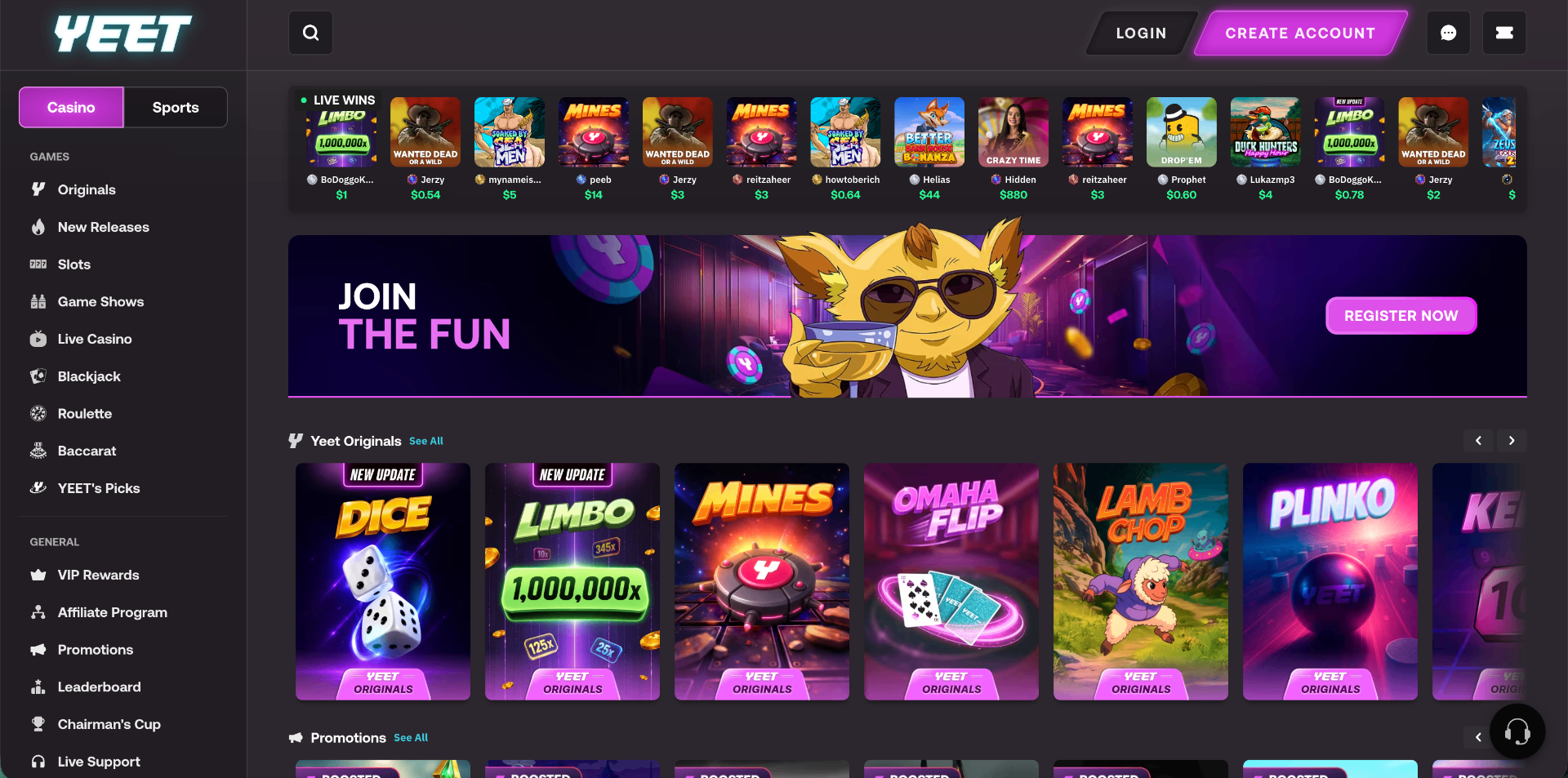 Yeet homepage screenshot