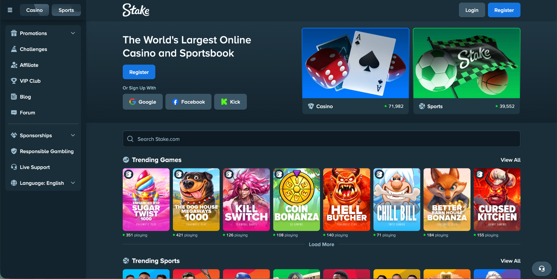 Stake.com homepage screenshot
