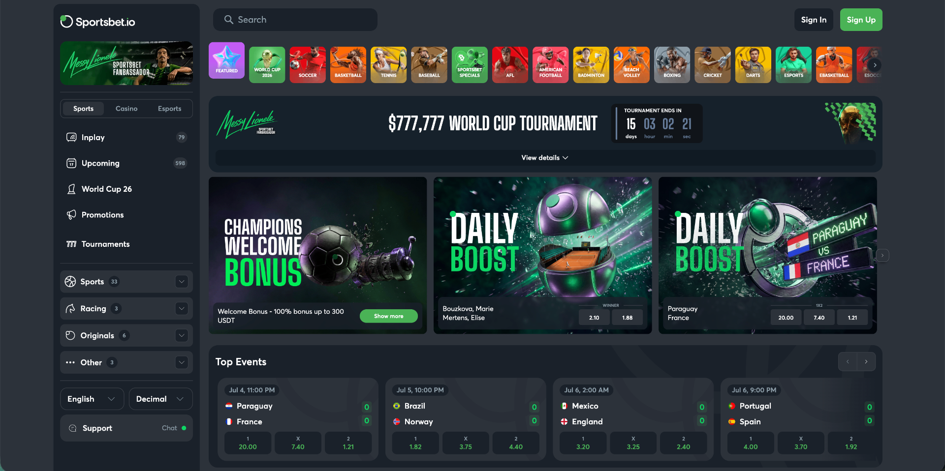 Sportsbet.io homepage screenshot